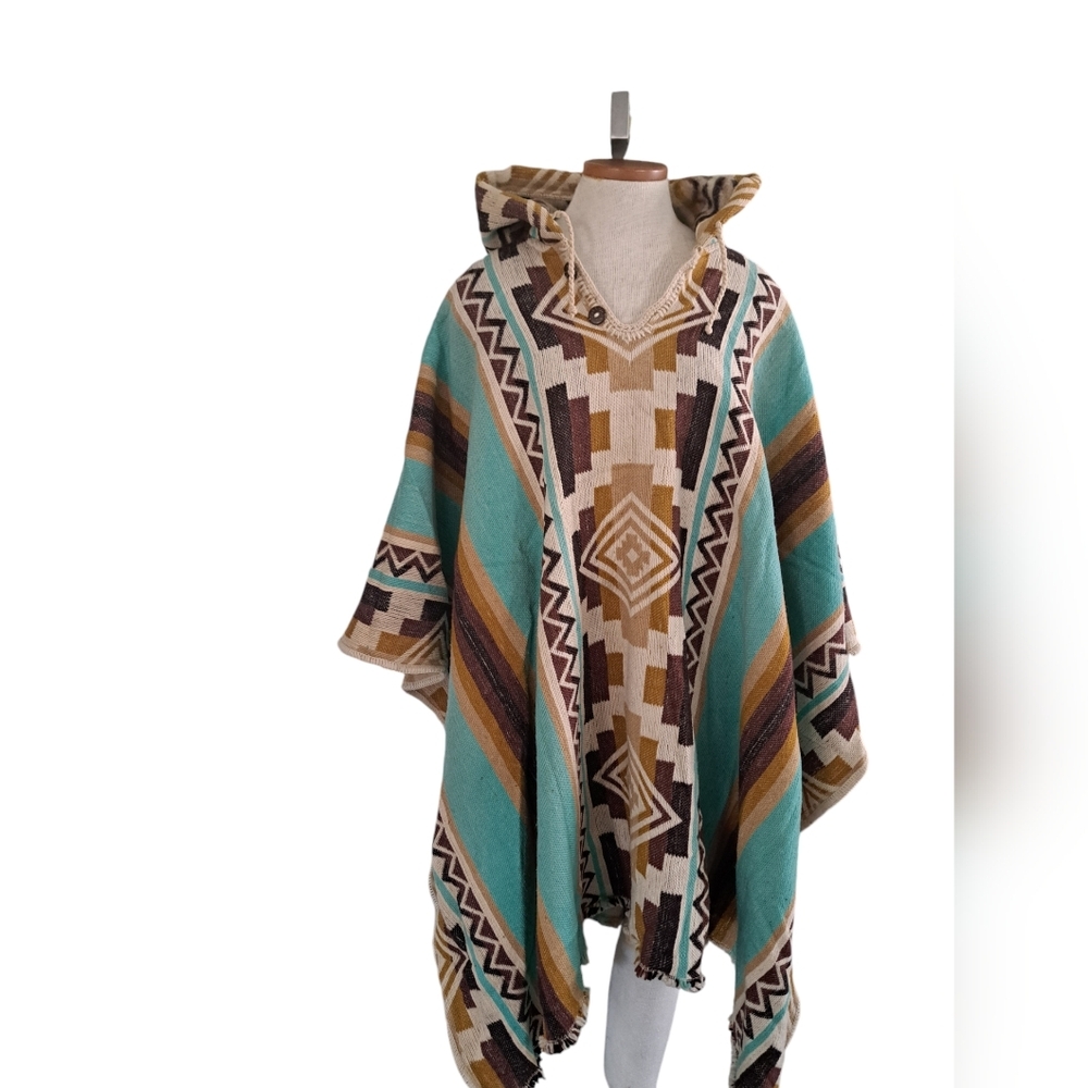 VTG MILMARTE 100% Wool Poncho hooded cape AZTEC Southwestern ranch coastal OS
